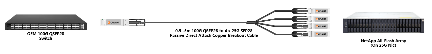 NetApp  Server to Switch links：100G QSFP28 to 4x 25G SFP28
