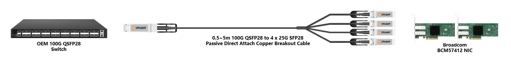 Broadcom NIC to Switch links：100G QSFP28 to 4x 25G SFP28