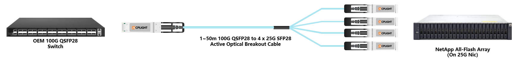 NetApp  Server to Switch links：100G QSFP28 to 4x 25G SFP28