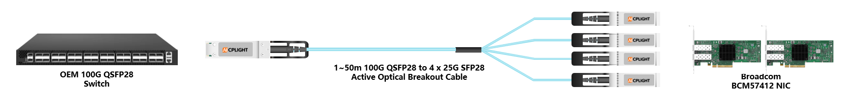 Broadcom NIC to Switch links：100G QSFP28 to 4x 25G SFP28