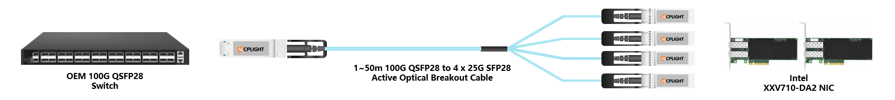 Intel NIC to Switch links：100G QSFP28 to 4x 25G SFP28