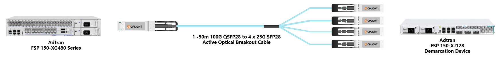 Adtran Device links：100G QSFP28 to 4x 25G SFP28
