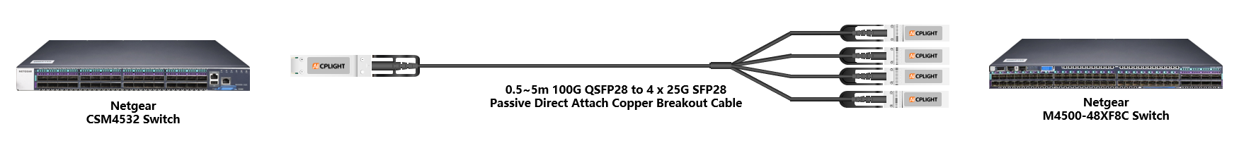 Netgear Switch links：100G QSFP28 to 4x 25G SFP28