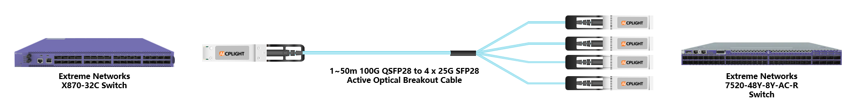 Extreme Switch links：100G QSFP28 to 4x 25G SFP28