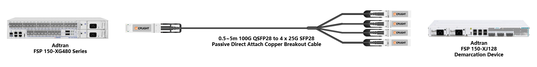 Adtran Device links：100G QSFP28 to 4x 25G SFP28