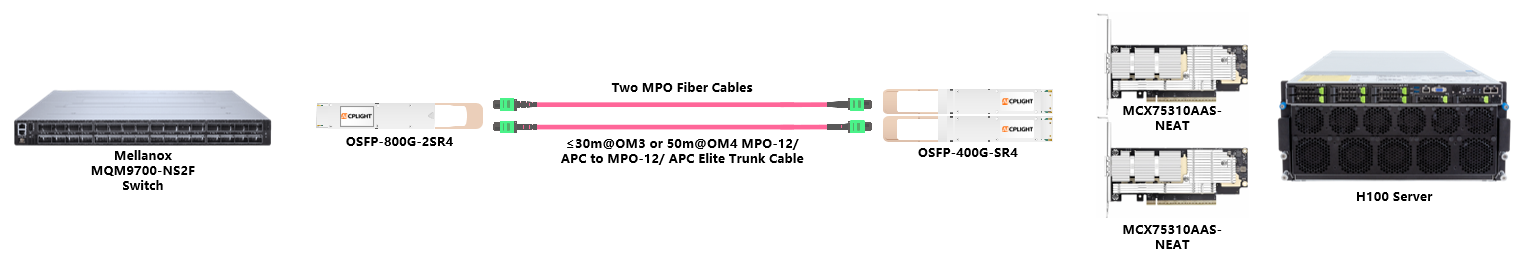 NVIDIA 400G Infiniband links：800G OSFP to 2x400G OSFP