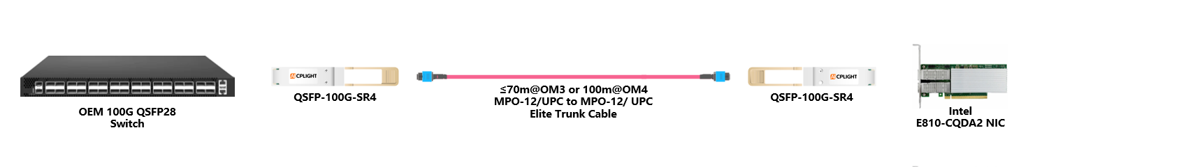Intel NIC to Switch links：100G QSFP28 to 100G QSFP28