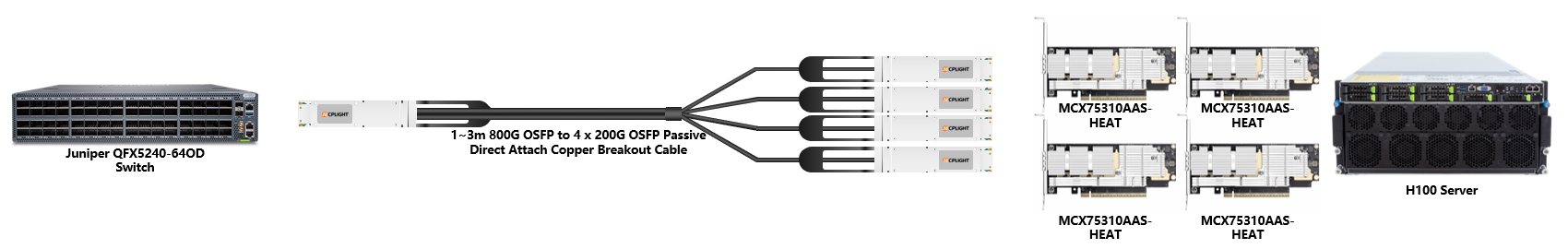 Juniper 400G RoCE links：800G OSFP to 4×200G OSFP