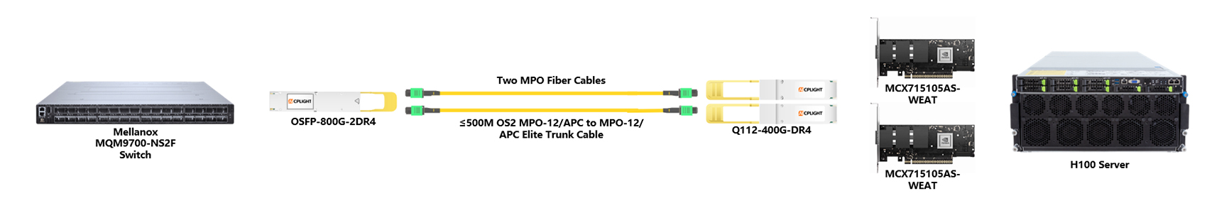 NVIDIA 400G Infiniband links：800G OSFP to 2×400G QSFP112