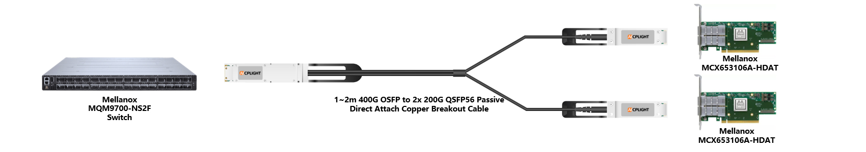 Mellanox Switch links：400G OSFP to 2x200 QSFP56（2）