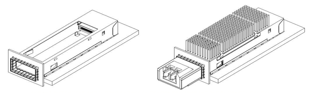 OSFP-RHS cage only (left) and OSFP-RHS cage with module and riding heat sink (right)