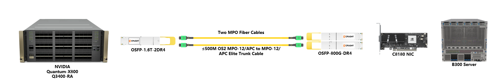 This technical schematic shows an NVIDIA Quantum-X800 switch connected to a B300 Server via a C8180 NIC, utilizing an OSFP-1.6T-2DR4 transceiver on the switch side that splits into two OSFP-800G-DR4 modules
