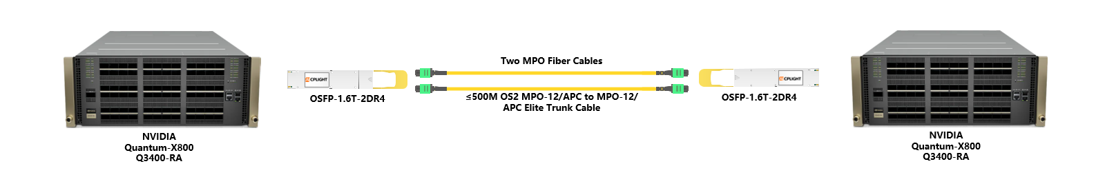 This diagram illustrates a 1.6T InfiniBand XDR link between two NVIDIA Quantum-X800 Q3400-RA switches using OSFP-1.6T-2DR4 transceivers and two MPO-12/APC elite trunk cables for distances up to 50 meters