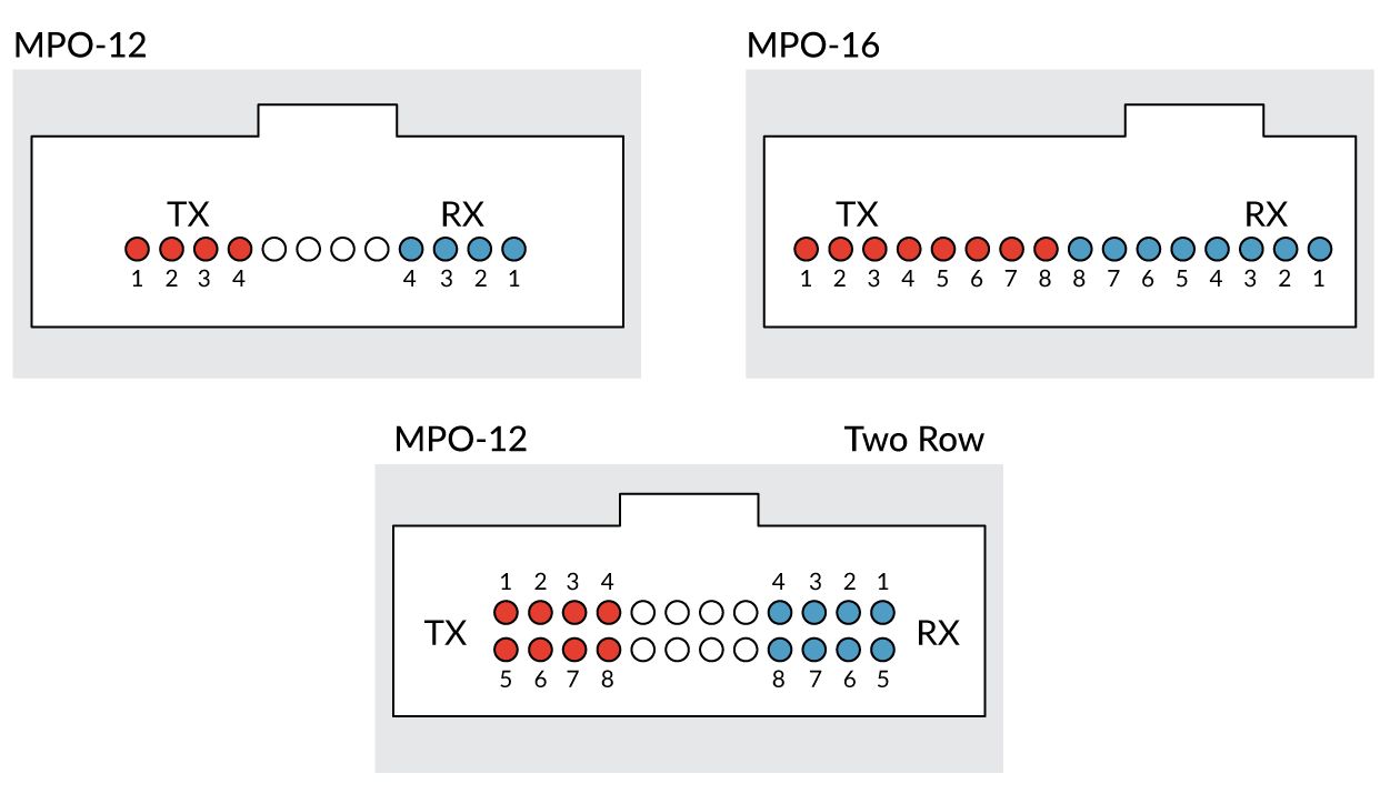 An illustration showing the TX (Transmit) and RX (Receive) lane assignments for three connector types: Single-row MPO-12, Single-row MPO-16, and Two-row MPO-12/24. Red dots indicate TX lanes, blue dots indicate RX, and white dots represent unused pins