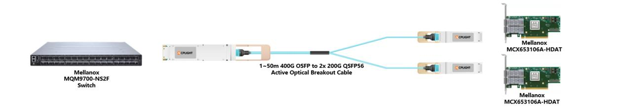 Typical application of AICPLIGHT 400G OSFP to 2x 200G QSFP56 Breakout cable: Distributing a single 400G switch port into dual 200G links for high-performance server connectivity in InfiniBand or Ethernet environments